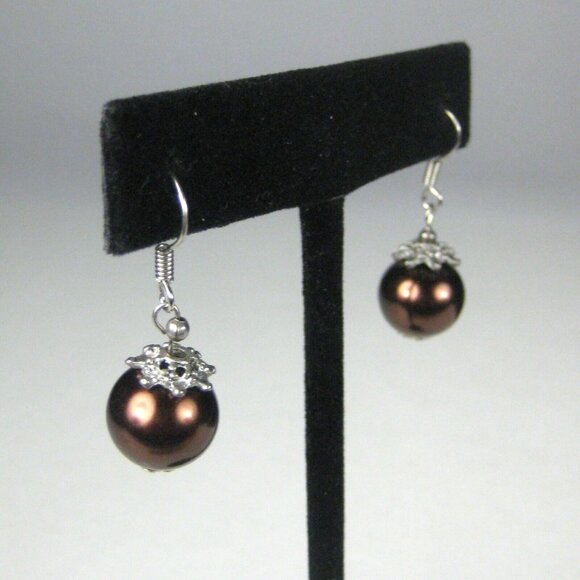 Earring Pierced 1.1 in Jewelry Beaded  Dangle Wire Hook Brown Silvetone - Picture 4 of 5